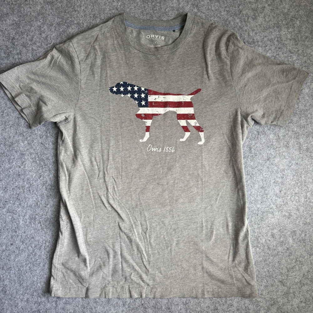 Orvis Mens Size M Gray American Flag Pointer Dog Graphic Crew Neck T Shirt Tee